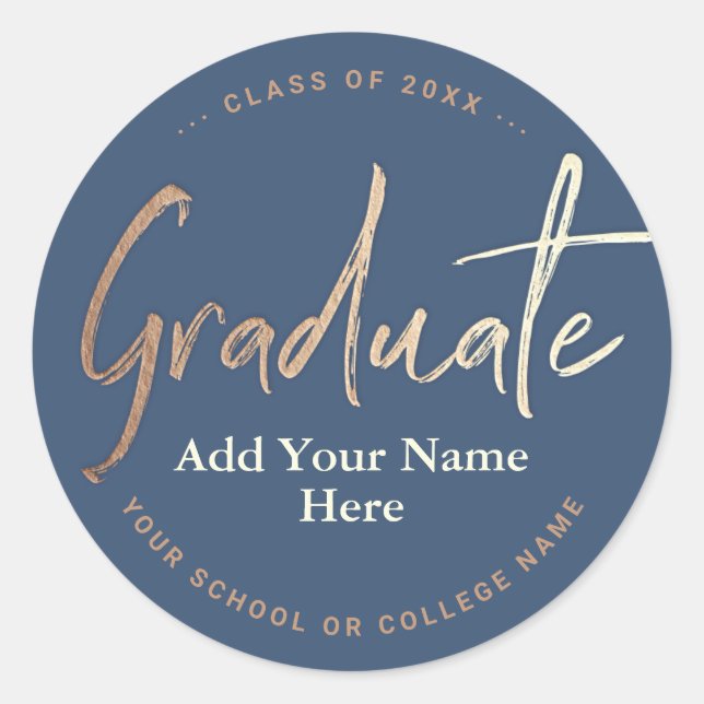 Custom Blue Graduate Name, College, Class of, Year Classic Round Sticker (Front)