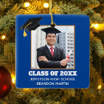 Custom Blue Graduation Senior Portrait Photo 2025 Ceramic Ornament<br><div class="desc">This custom blue gold senior graduate Christmas ornament features your graduation photograph underneath a black grad cap. Personalize with your class year, school, and name for a great gift for a graduating student.</div>