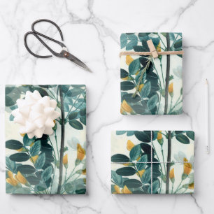 Custom Blue Green Watercolor Floral Wrapping Paper Sheet