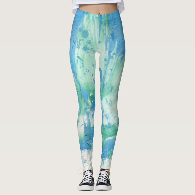 Custom Blue Green White Trendy Modern Abstract Leggings (Front)