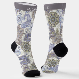 Custom Blue Grey White Paisley Pattern Socks