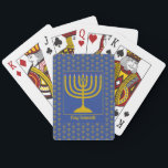 Custom Blue Hanukkah MENORAH Playing Cards<br><div class="desc">Elegant mid blue MENORAH playing cards, showing with faux gold menorah in a tiled pattern. At the centre, there is an image of a large menorah which is CUSTOMIZABLE, so you can upload your own image. Underneath, the text reads CHAG SAMEACH. This is also customizable so you can add your...</div>