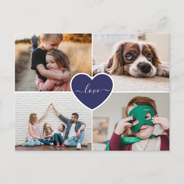Custom Blue Heart Love Family Photo Collage Postcard (Front)