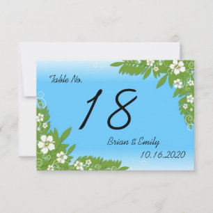 Custom blue hibiscus wedding table cards