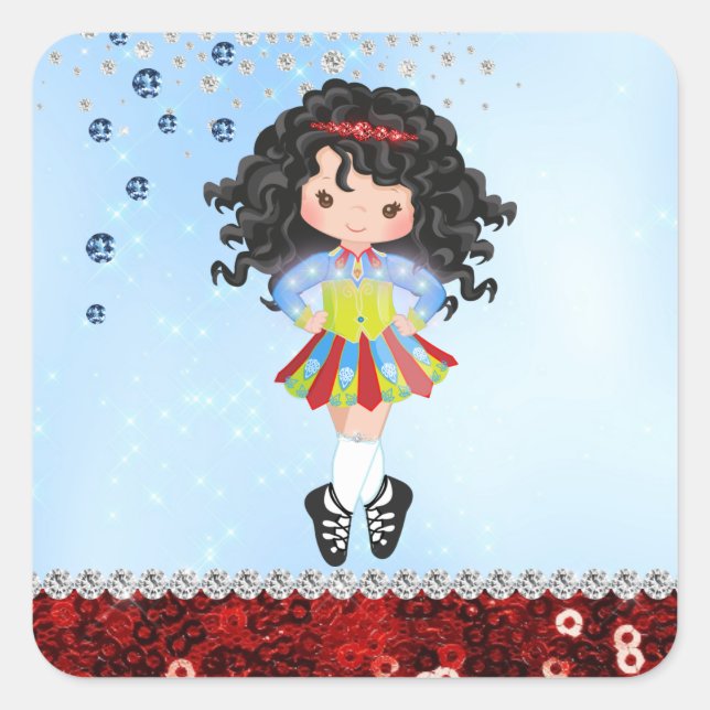 Custom Blue Irish Dance Dark Hair Girl Rhinestone Square Sticker (Front)