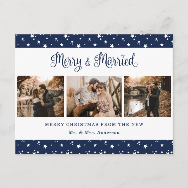 Custom Blue Married and Merry Holiday Postcards (Front)