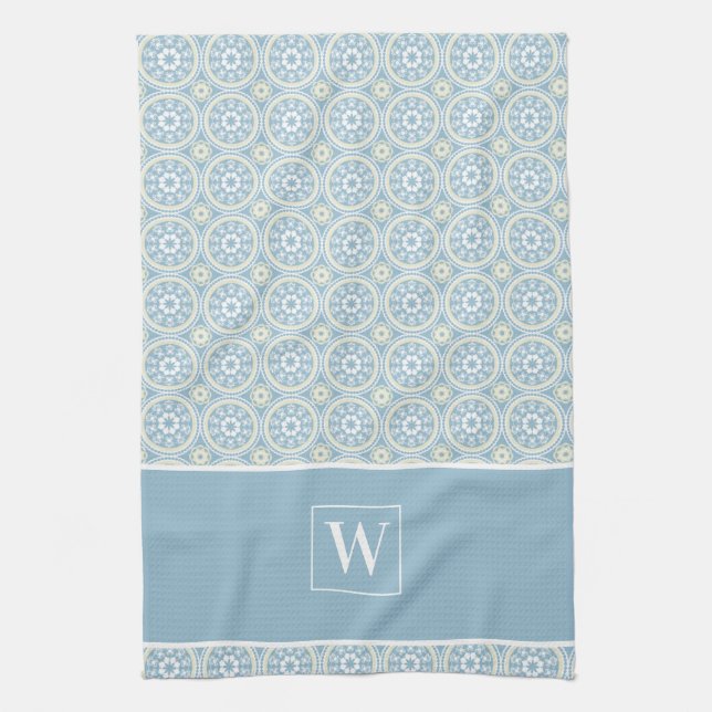 Custom Blue Medallion Monogram Kitchen Towel (Vertical)