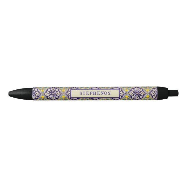 Custom Blue Mediterranean Pattern Yellow Blossoms Black Ink Pen (Front)
