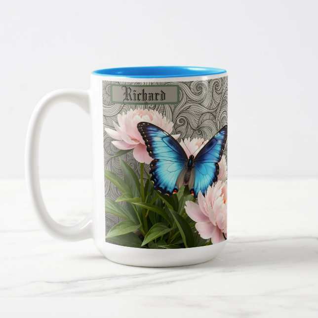 Custom Blue Morpho Butterfly Floral Artistic Name Two-Tone Coffee Mug (Left)