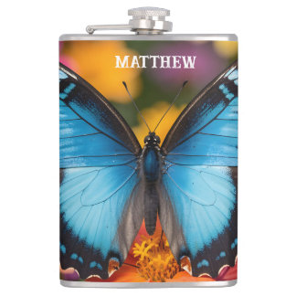 Custom Blue Morpho Butterfly Floral Botanical  Hip Flask