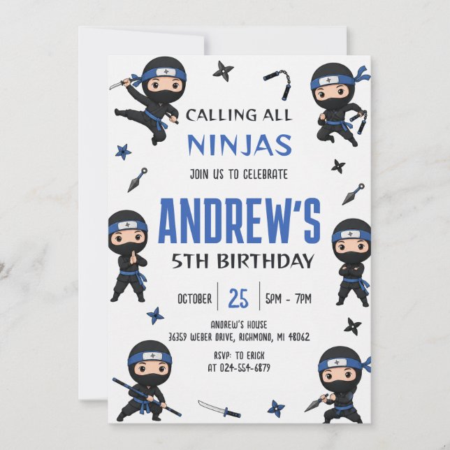 Custom Blue Ninja boy Warrior birthday Party  Invitation (Front)