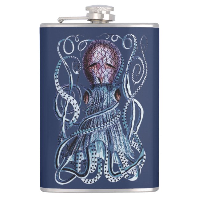 Custom Blue Octopus modern coastal navy purple Hip Flask (Front)