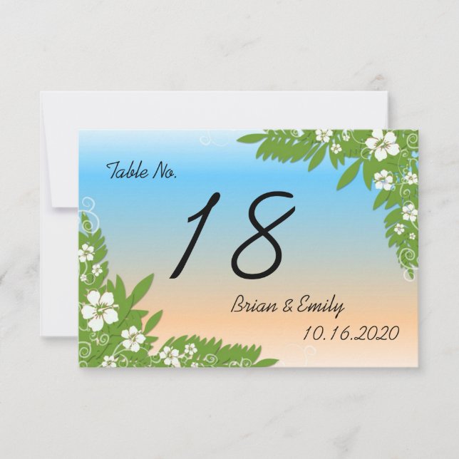 Custom blue peach hibiscus wedding table cards (Front)