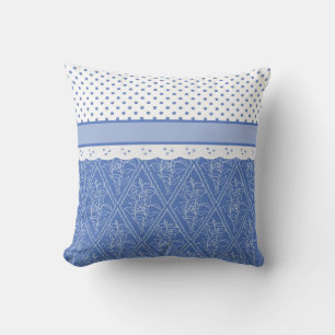 Custom Blue Periwinkles Polka Dots Faux Lace Throw Pillow