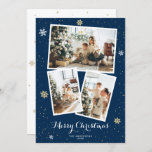 Custom Blue Photo Collage Merry Christmas Cards<br><div class="desc">Custom blue photo collage Merry Christmas cards featuring three photos with snowflakes and stars on a blue background.</div>