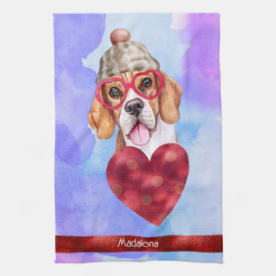 Custom Blue Purple Dog Lover Valentine Gift Beagle Kitchen Towel