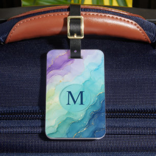 Custom Blue Purple Fluid Watercolor Gold Marble  Luggage Tag