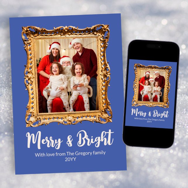 Custom Blue Retro Gold Photo Frame Merry Christmas Holiday Card (Creator Uploaded)