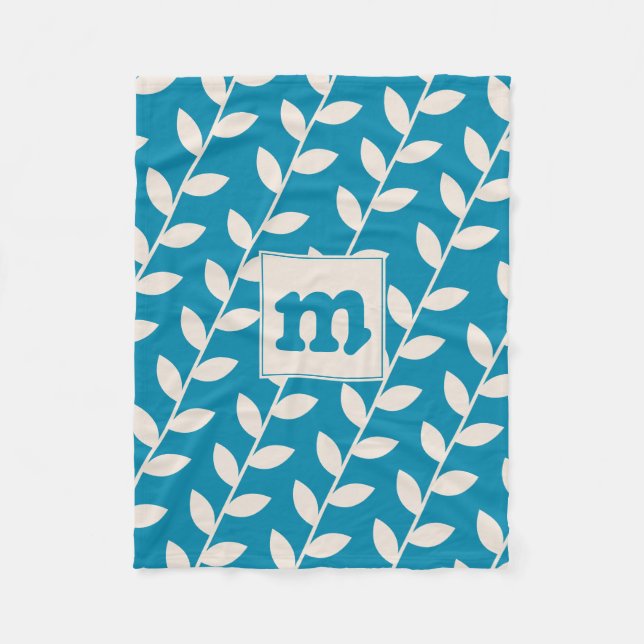 Custom Blue Retro Leaf Pattern Monogram Fleece Blanket (Front)