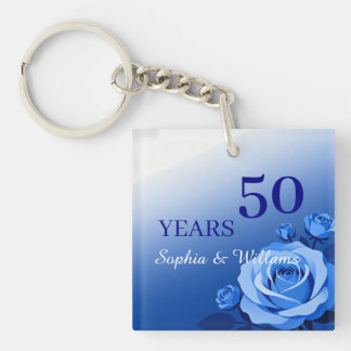 Custom Blue Rose Anniversary Years & Names Floral  Keychain