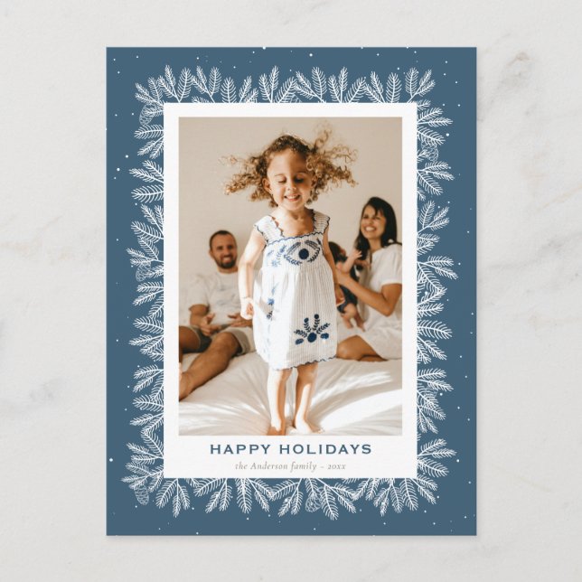 Custom Blue Rustic Pine Snow Photo Happy Holiday Postcard (Front)