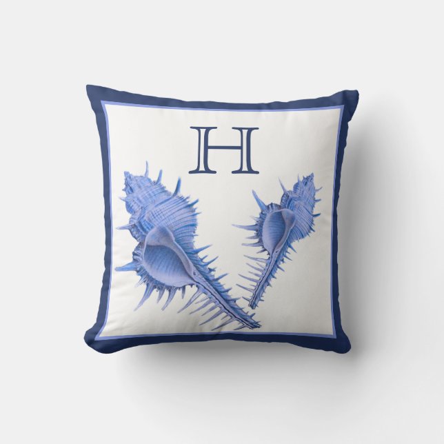 Custom Blue  Shells Nautical Seashell Watercolor T Throw Pillow (Front)