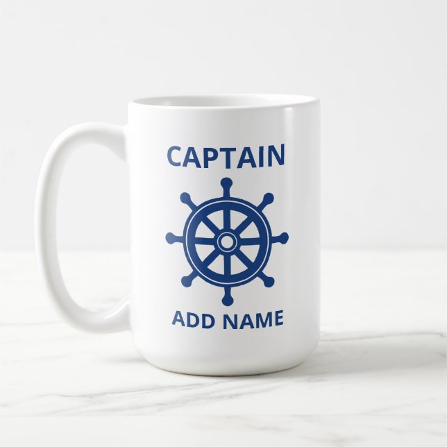 Custom Blue Ship Wheel Captain Add Name Coffee Mug (Left)