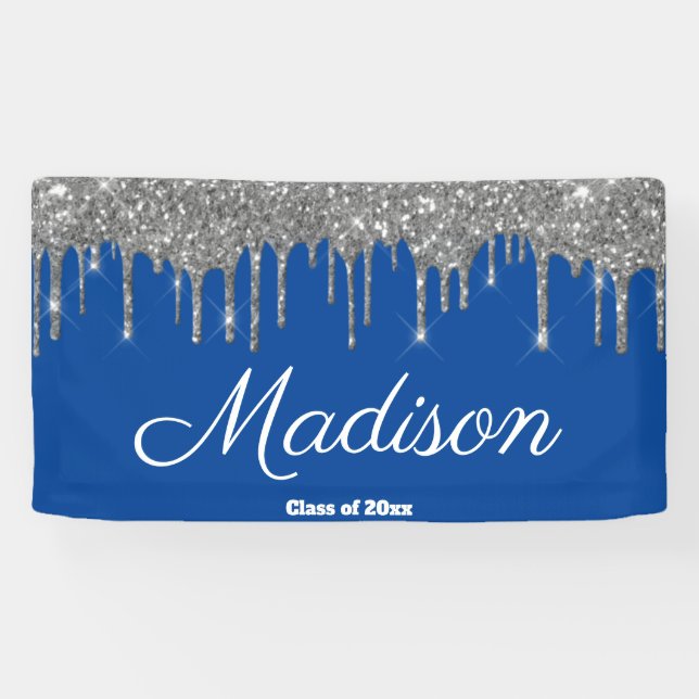 Custom Blue Silver Graduation Party Class of 2024 Banner (Horizontal)