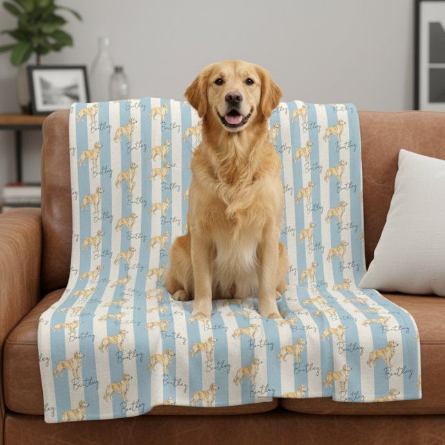 Custom Blue Stripe Golden Retriever Pet Name Fleece Blanket (Get cozy with this "Custom Blue Stripe Golden Retriever Pet Name Fleece Blanket"! )