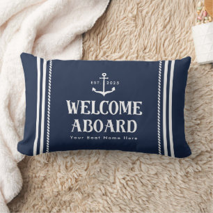 Custom Blue Striped Boat Nautical Welcome Aboard Lumbar Pillow