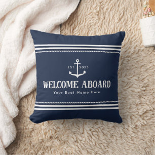 Custom Blue Striped Boat Nautical Welcome Aboard  Throw Pillow