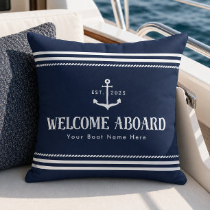 Custom Blue Striped Boat Nautical Welcome Aboard  Throw Pillow