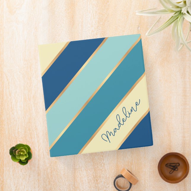 Custom Blue Teal Seafoam Green Yellow Gold Stripes Binder (In Situ)