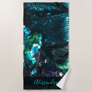 Custom Blue Teal Sequins Look Glamourous Fun  Beach Towel