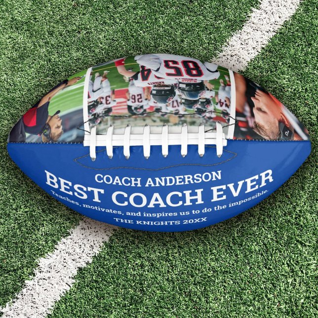 Custom Blue Team Best Coach Ever Photo Collage Football (Personalize this football as a keepsake gift for your favorite coach.)