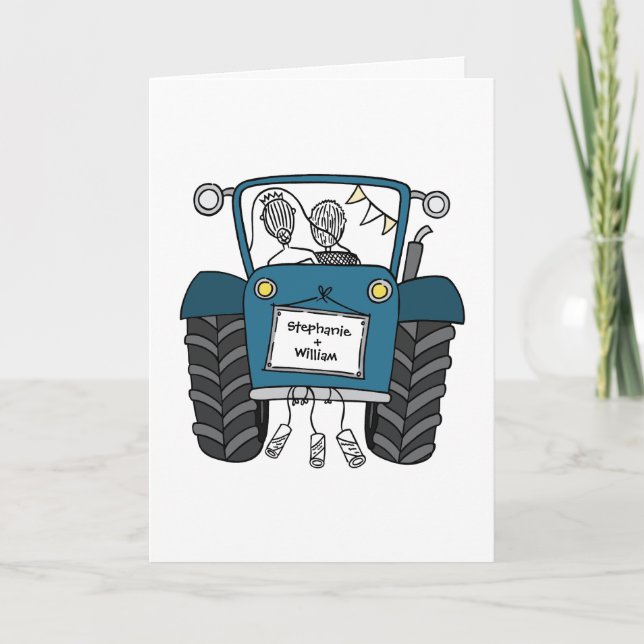 Custom Blue Tractor Wedding Card (Front)