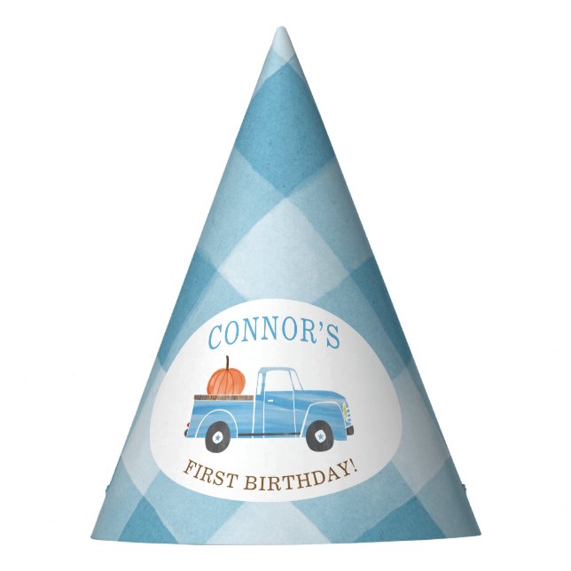 Custom Blue Truck & PUMPKIN Fall 1st Birthday  Party Hat (Front)