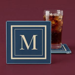 Custom Blue & Vanilla Framed Monogram Glass Coaster