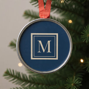 Custom Blue & Vanilla Framed Monogram Metal Ornament