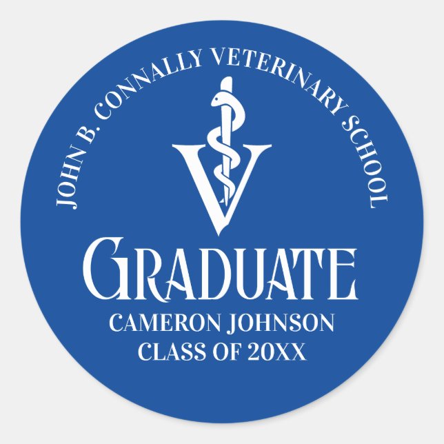 Custom Blue Veterinary School Graduation Party Classic Round Sticker (Front)