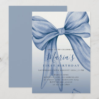 Custom Blue Watercolor Bow First Birthday Invitation