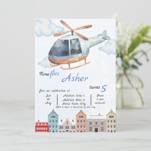 Custom Blue Watercolor Helicopter Boys Birthday Invitation