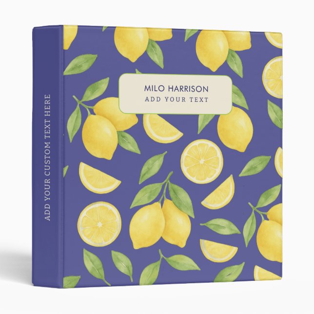 Custom Blue Watercolor Lemon Pattern  Binder (Front/Spine)