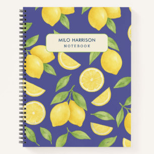 Custom Blue Watercolor Lemon Pattern Notebook
