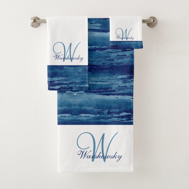 Custom Blue Watercolor White  Elegant Monogrammed Bath Towel Set (Insitu)