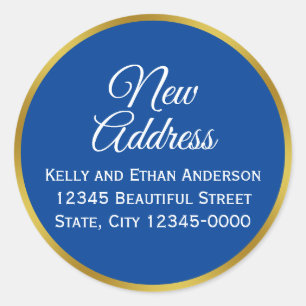Custom Blue, White and Faux Gold New Address Classic Round Sticker