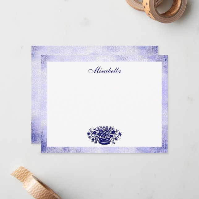 Custom Blue White Floral Rustic Blue 4.25x5.5 Flat Card (Front/Back In Situ)