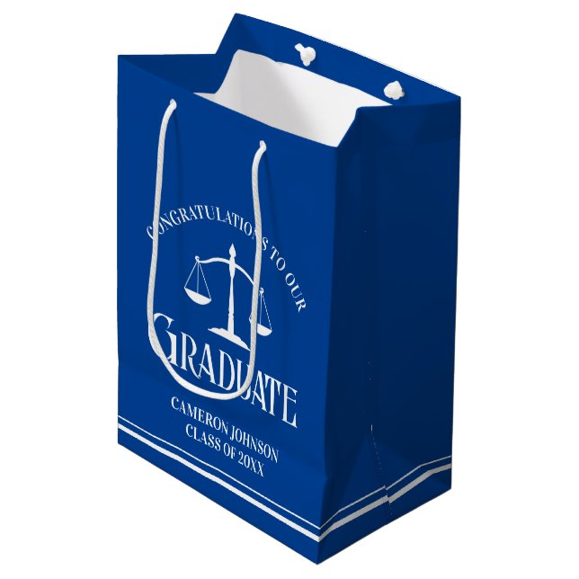 Custom Blue White Law School Graduation Party Medium Gift Bag (Front Angled)