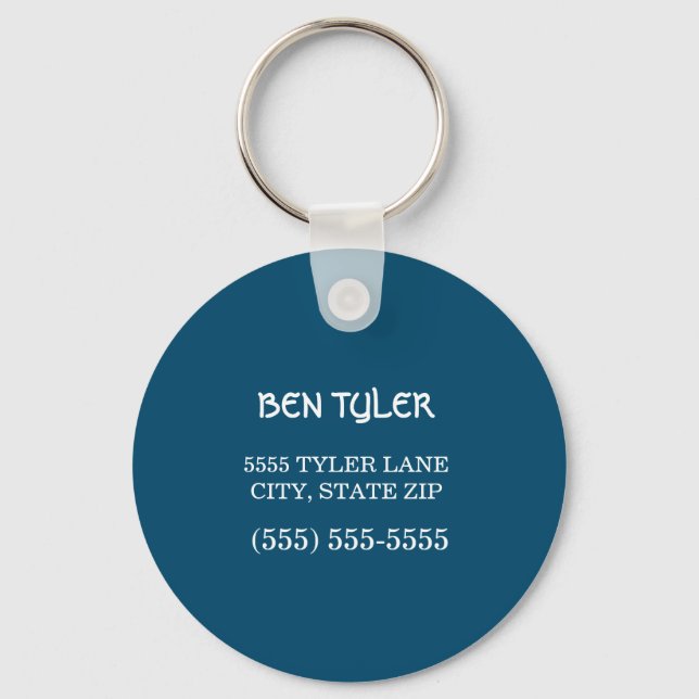Custom Blue White Name Address Phone Keychain (Front)