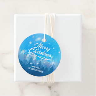 Custom Blue White Snow Peaceful Forest Merry Xmas Favour Tags